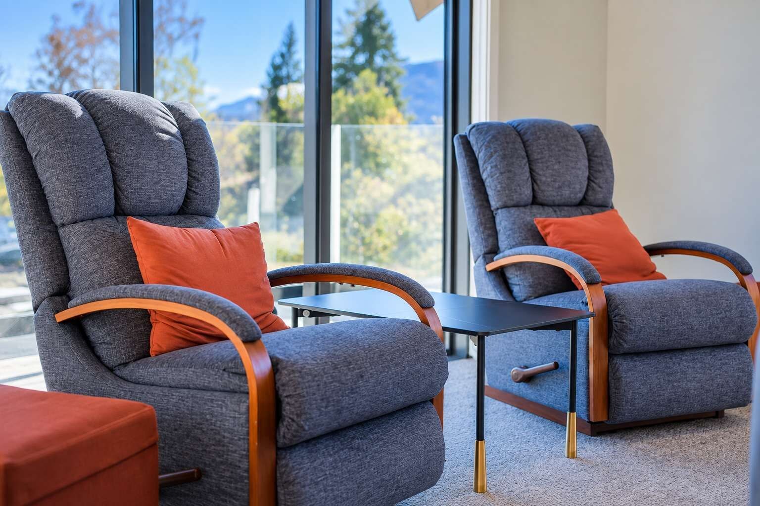 Two grey armchairs with wooden armrests and orange cushions, a small black table, and a view of trees and mountains through large windows.
