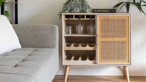 Un salon avec un canapé gris, un buffet en osier orné d’une pancarte indiquant « Plantopedia », et une grande plante en pot.