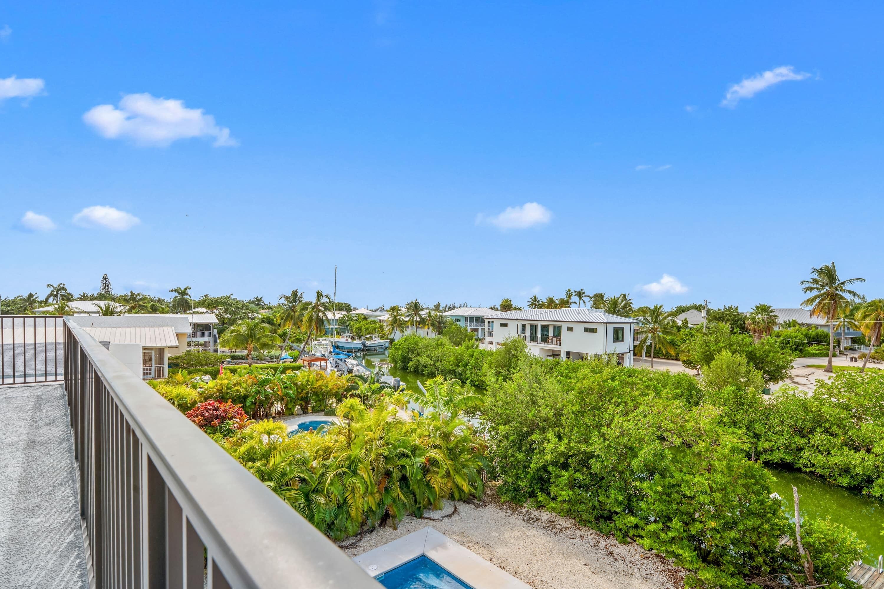 Zona residencial con piscina, abundante vegetación y viviendas.