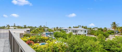 Zona residencial con piscina, abundante vegetación y viviendas.