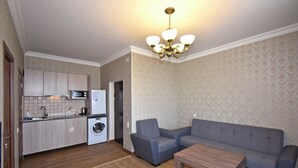 Ein kompakter Wohnbereich mit Küchenzeile, einer Couch, einem Couchtisch und einer Waschmaschine.