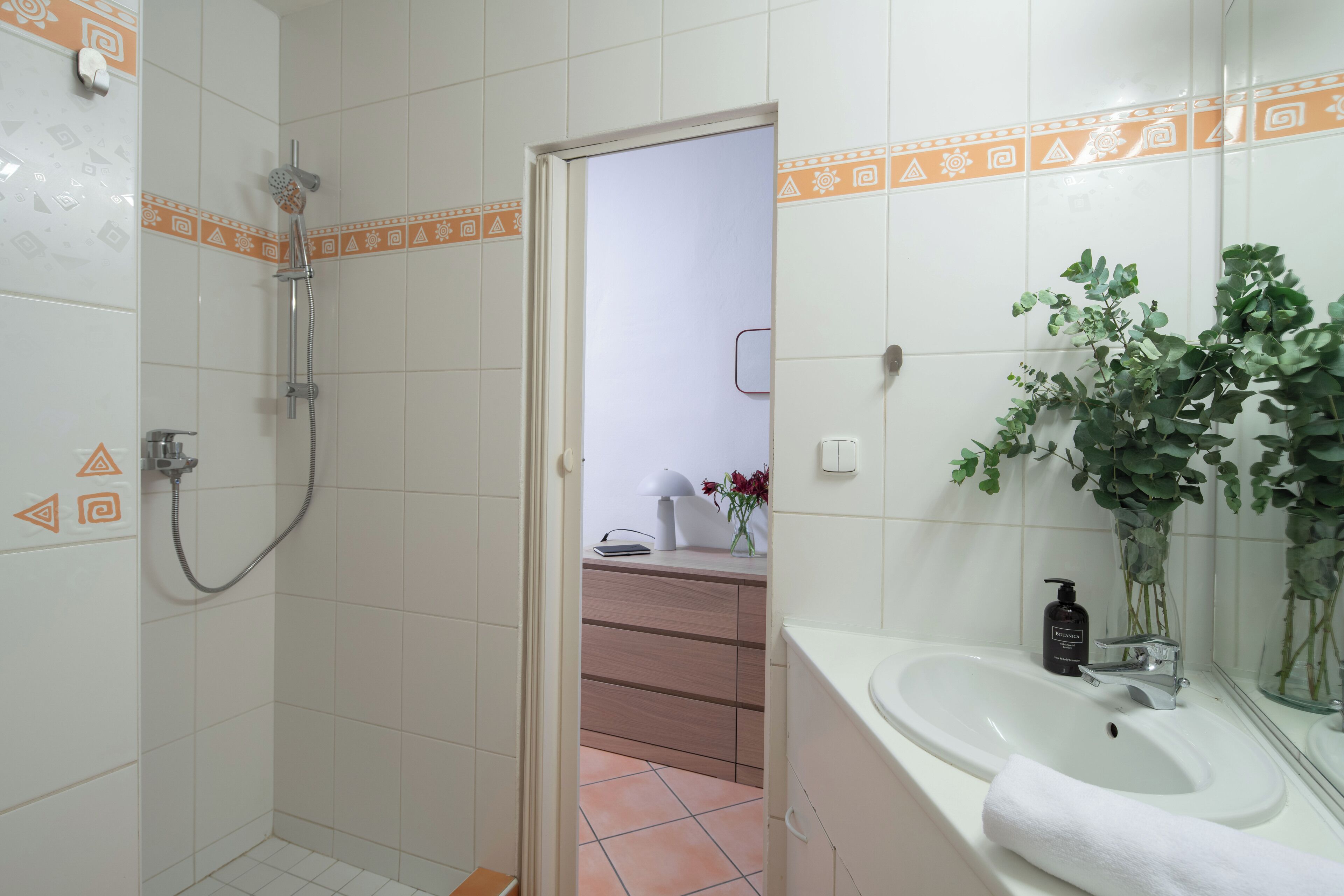 Une salle de bain avec une douche, un lavabo et un miroir.