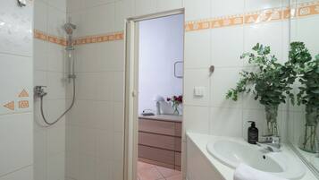 Une salle de bain avec une douche, un lavabo et un miroir.