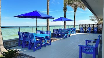 A deck with blue chairs and tables, palm trees, and a view of the ocean.
