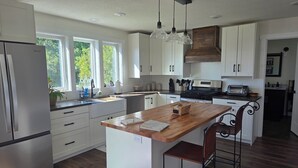 A modern kitchen with white cabinets, a wooden island, stainless steel appliances, and a view of greenery outside. - Beautiful, newly renovated 4-bedroom, 2 bath farmhouse in the Petoskey area (Petoskey)