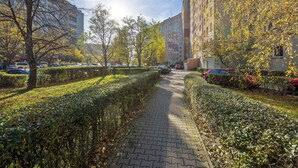 A paved pathway flanked by neatly trimmed hedges and trees, leading to a building with multiple windows and parked cars. - Spacious Apartment in Wroclaw | Air Conditioning and Balcony (Wrocław)