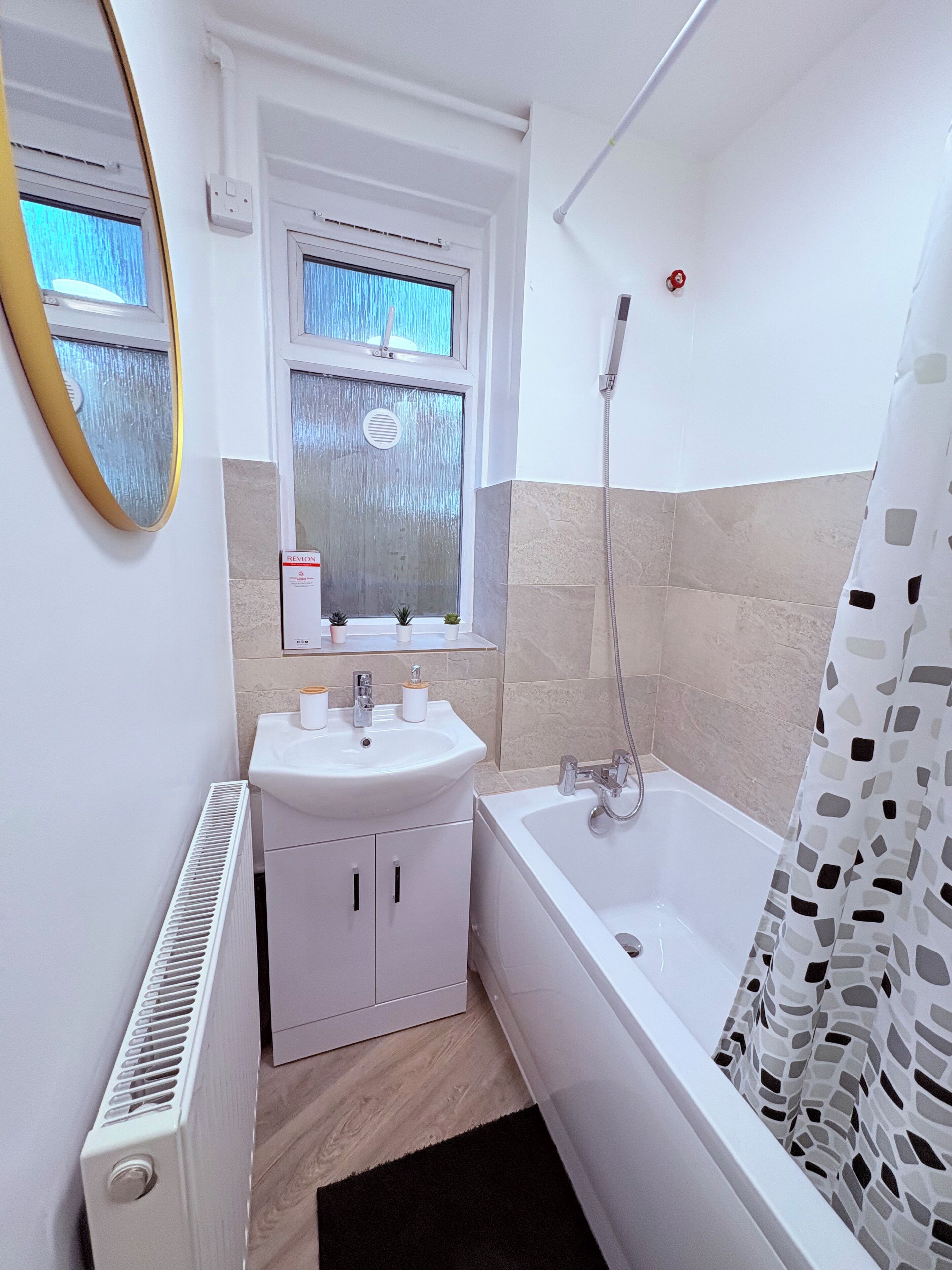 Hair dryer, towels, soap, toilet paper