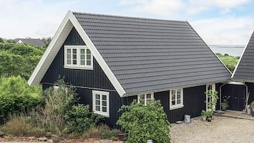 A single-story house with a dark exterior, white trim, and a steeply pitched roof.