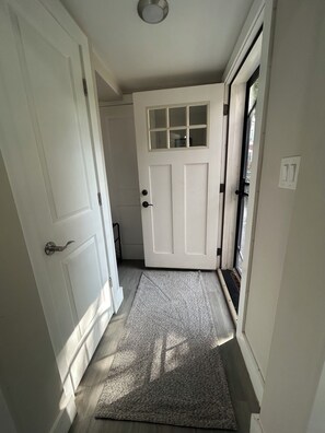 A hallway with a white door, a patterned rug, and a ceiling light fixture. - Peaceful Garden Apartment on Quiet Brooklyn Street (BROOKLYN)