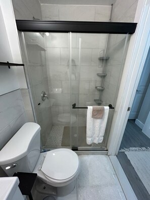 Shower, hair dryer, towels, soap - Peaceful Garden Apartment on Quiet Brooklyn Street (BROOKLYN)