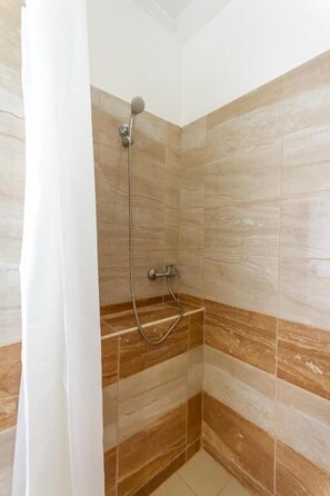 Shower, hair dryer, towels, toilet paper