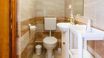 Shower, hair dryer, towels, toilet paper