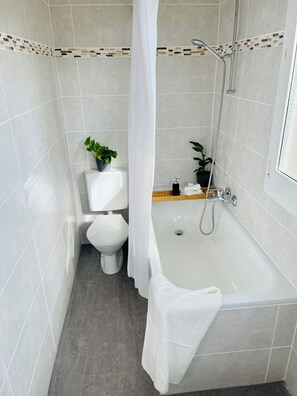 Hair dryer, towels, soap, toilet paper