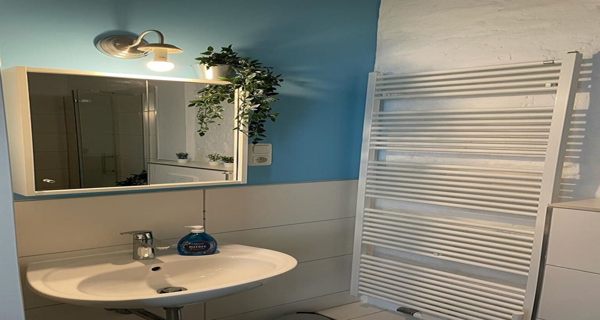 Dusche, umweltfreundliche Kosmetikartikel, Haartrockner, Handtücher