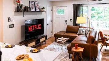 Smart TV, fireplace, books