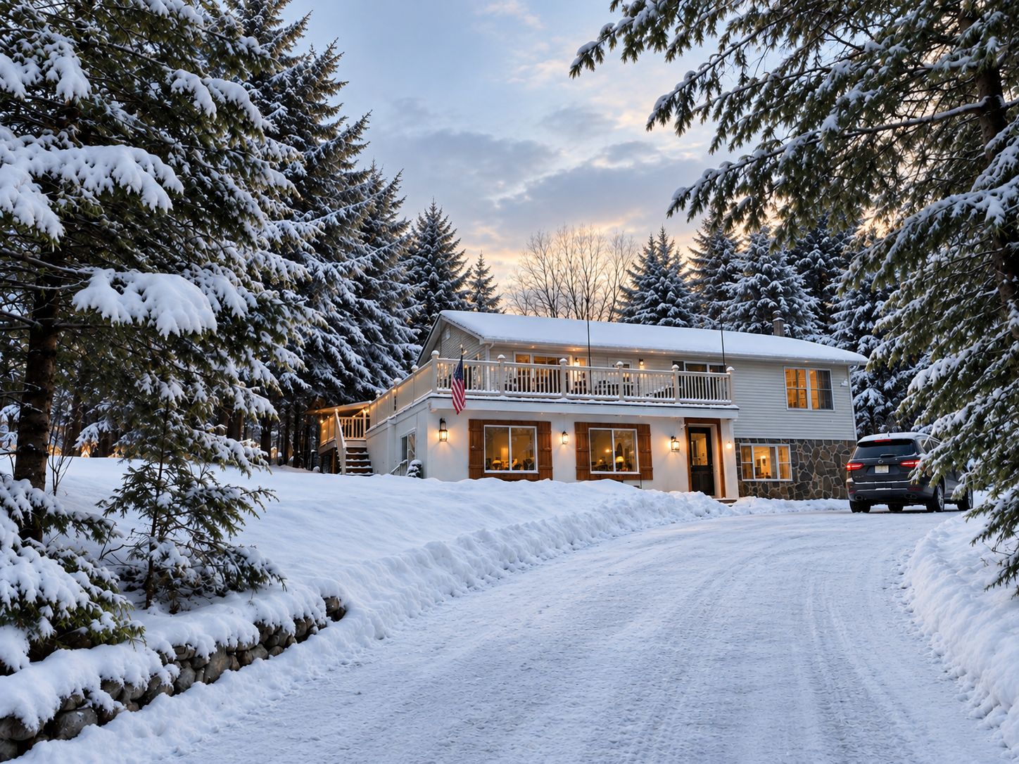 Ein zweistöckiges Haus mit Balkon, umgeben von schneebedeckten Bäumen.