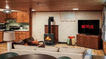 Smart TV, fireplace, books