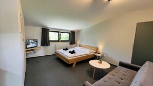 Une petite chambre moderne, équipée d’un lit, d’une télévision, d’une petite table et d’un canapé.