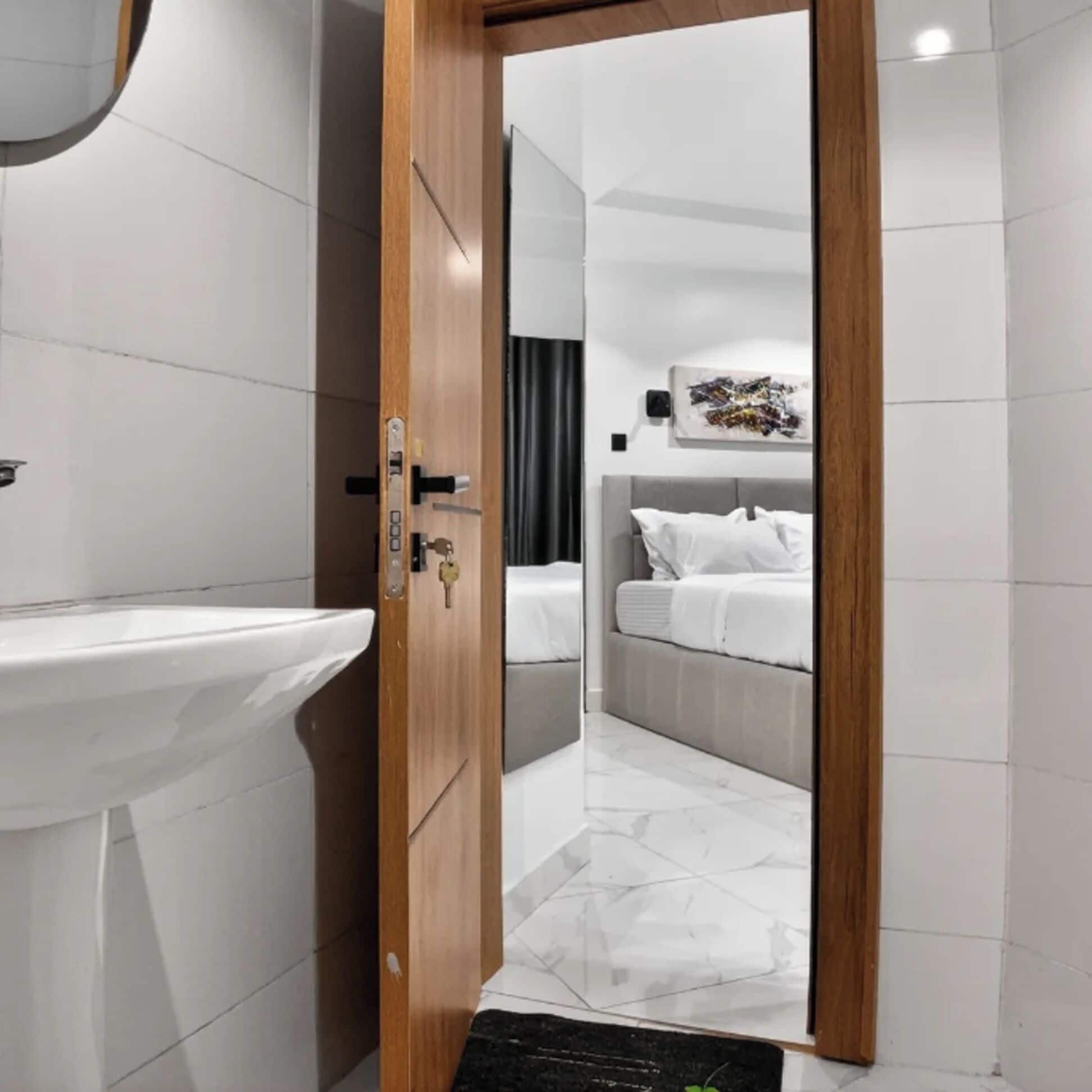 Shower, towels, soap, toilet paper