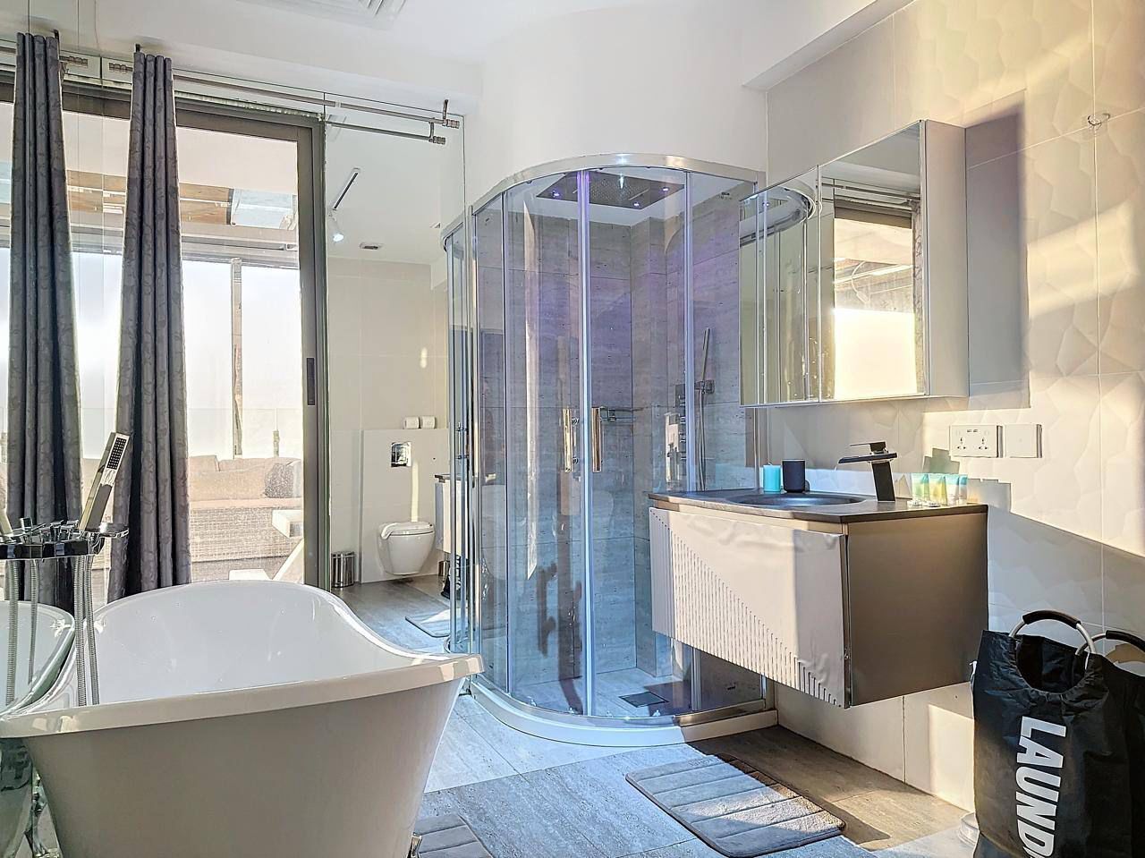 Hair dryer, towels, soap, toilet paper