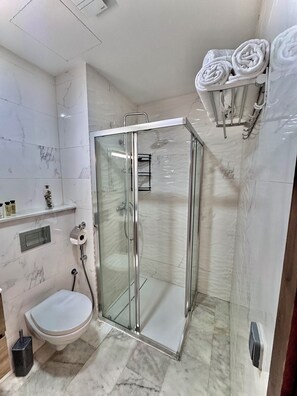 Sèche-cheveux, serviettes fournies, savon, papier toilette