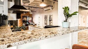 Cozinha com bancada de granito, armários brancos e um vaso de planta.