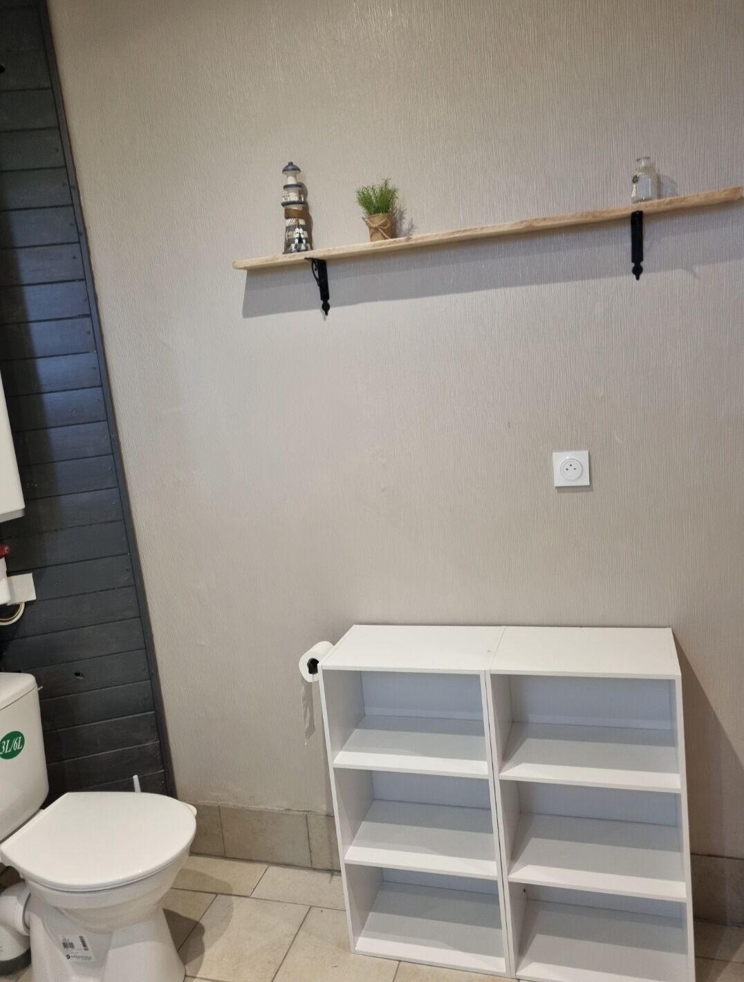 A bathroom with a toilet, a white shelf unit, and a wall-mounted shelf with a small plant and a bottle.