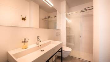A modern bathroom with a large sink, a mirror, and a glass shower enclosure.