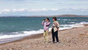 Dos personas de pie en una playa pedregosa, con el océano al fondo.