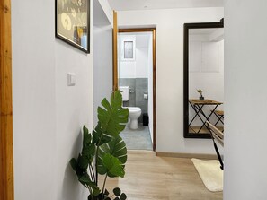 Regadera, secadora de cabello, toallas, jabón 