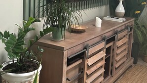 Una consola de madera con un televisor montado encima, rodeada de plantas en macetas y un tapete con textura.