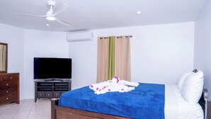 A bedroom with a bed, a television, a dresser, and an air conditioning unit. - Peaceful Island Retreat w/ Private Patio + Parking (Leeward Settlement)