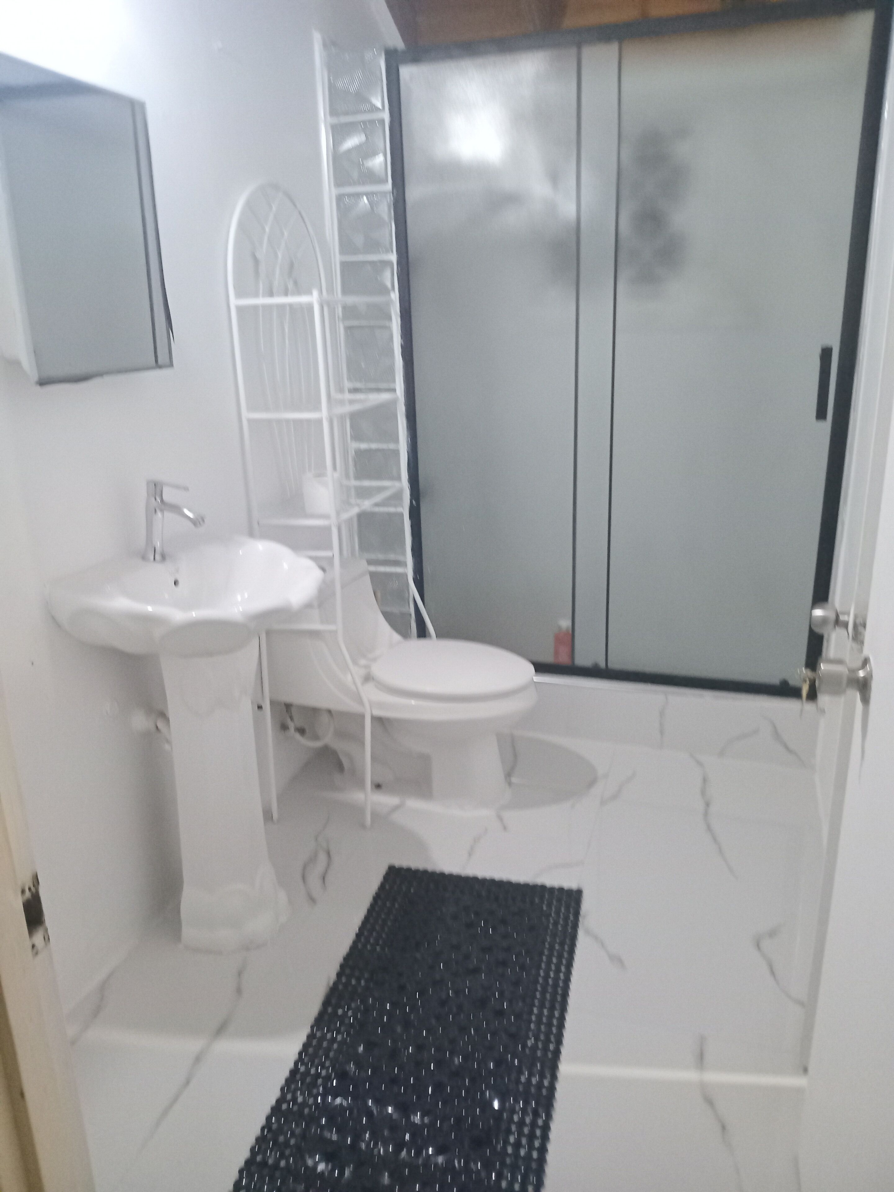 Shower, towels, soap, toilet paper