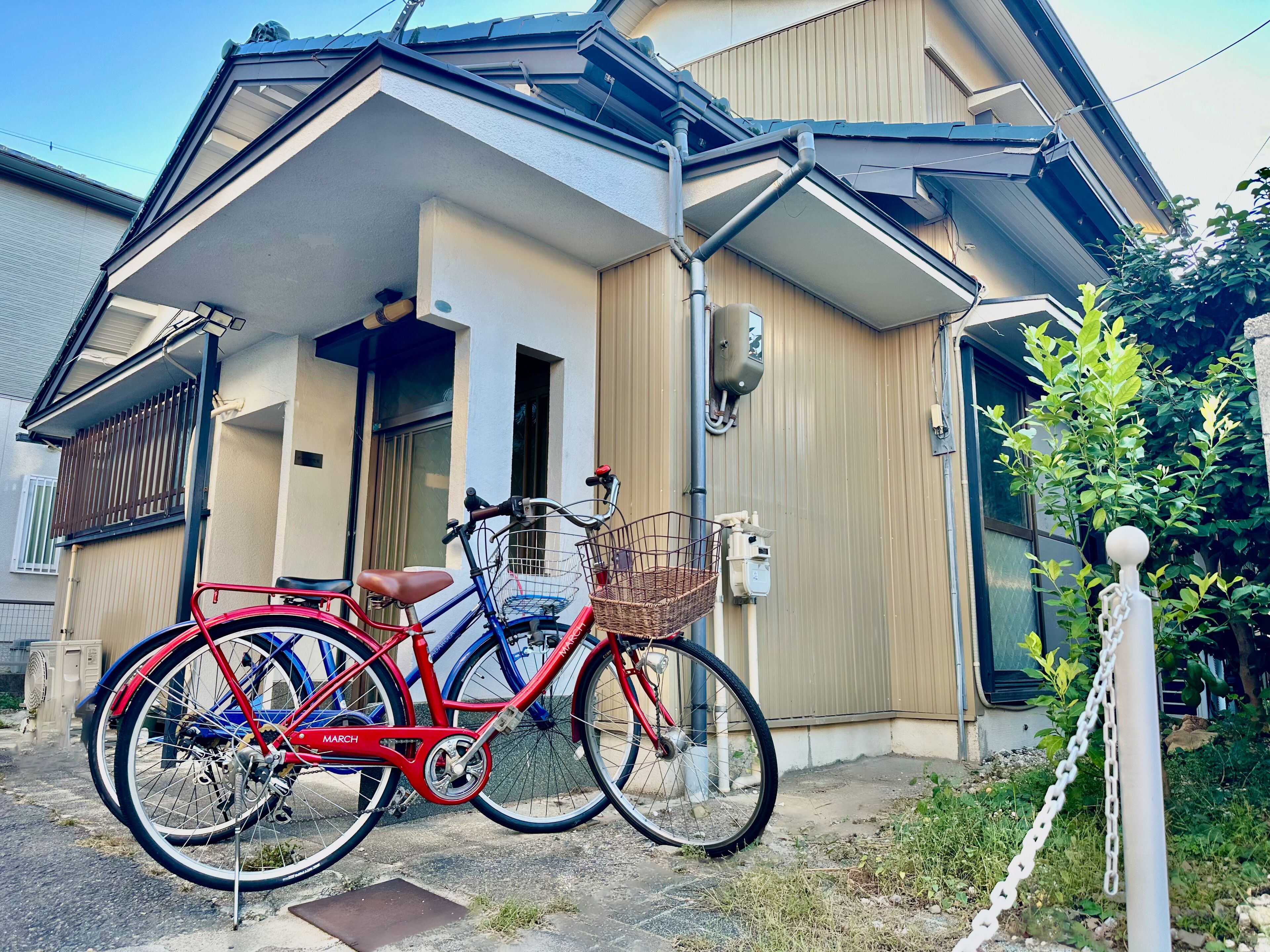 A red and blue bicycle parked outside a house with a brown door and a window.