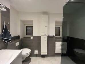 Shower, hair dryer, towels, toilet paper