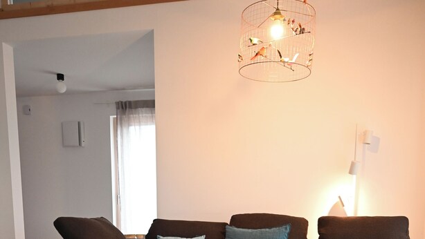 A modern living room with a sectional sofa, a grey rug, and a unique birdcage light fixture. - Vacation home with all the amenities (air-conditioned/sauna) (Sternenfels)