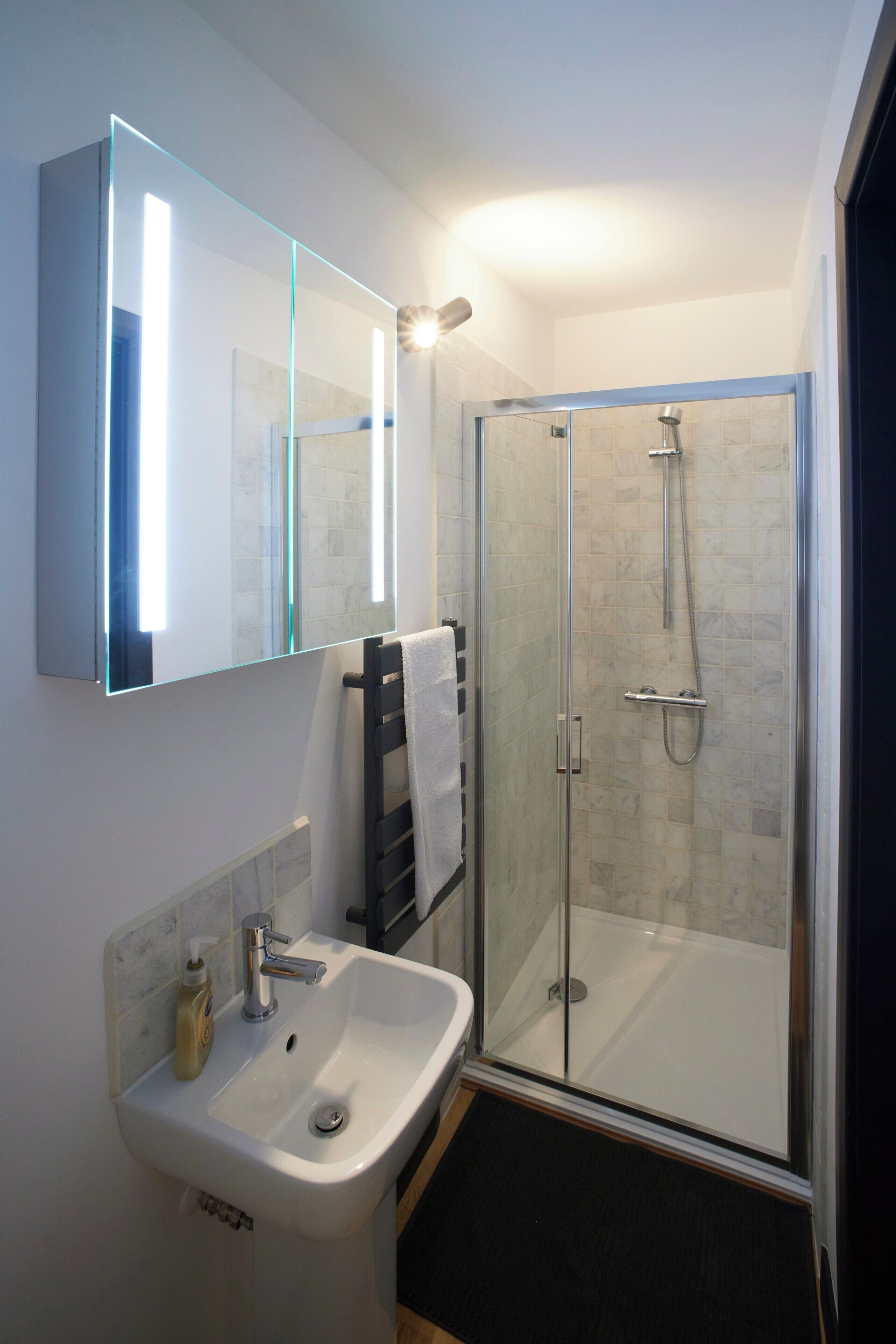 Shower, hair dryer, towels