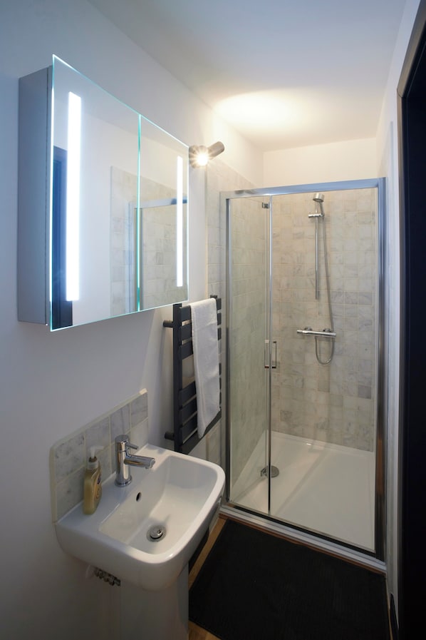 Shower, hair dryer, towels