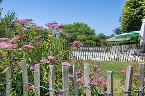 Uma cerca de madeira, uma piscina e um guarda-sol verde.