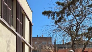 Pátio com um edifício com várias janelas e uma árvore.