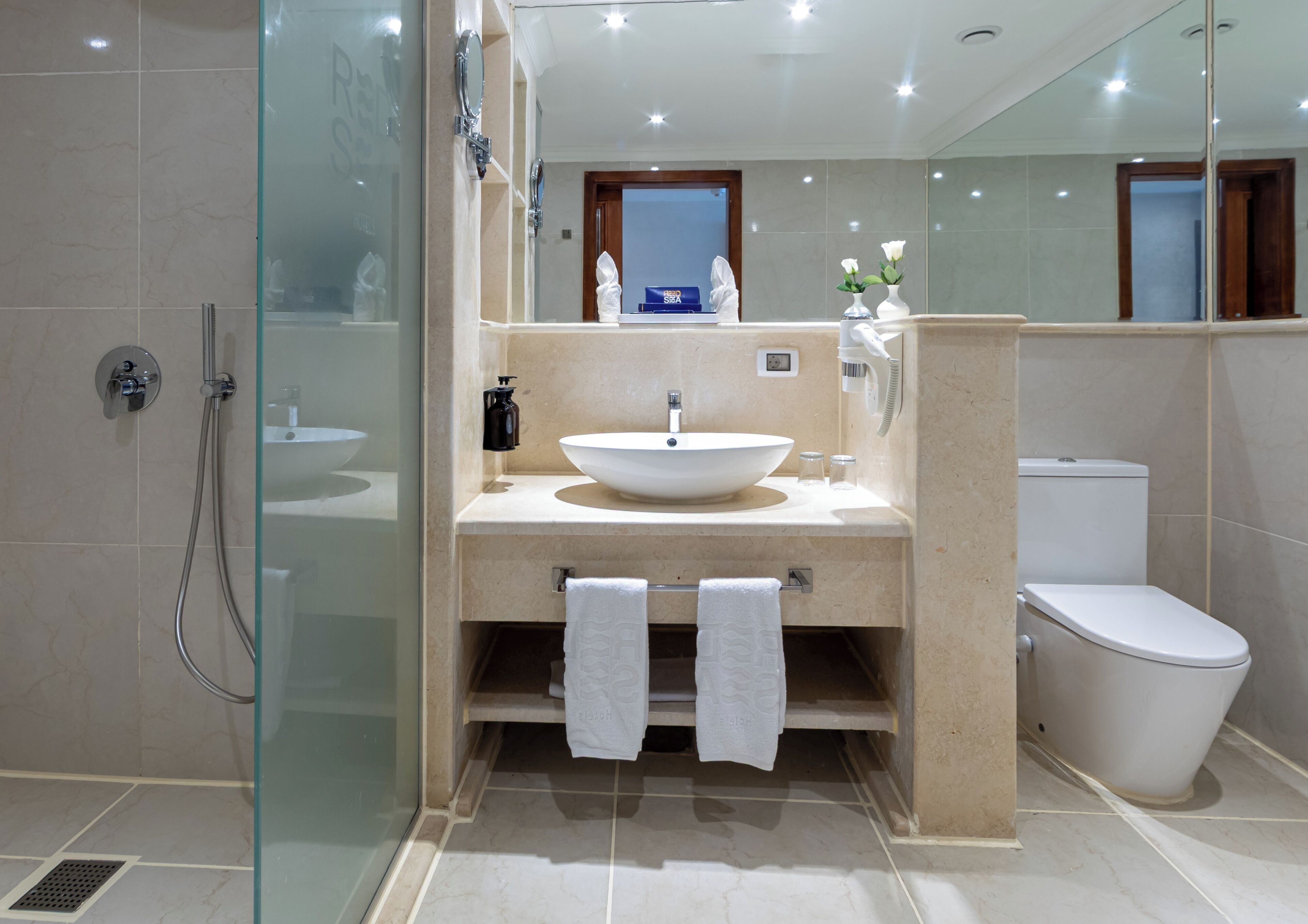A modern bathroom with a glass-enclosed shower, a large sink, and a toilet.