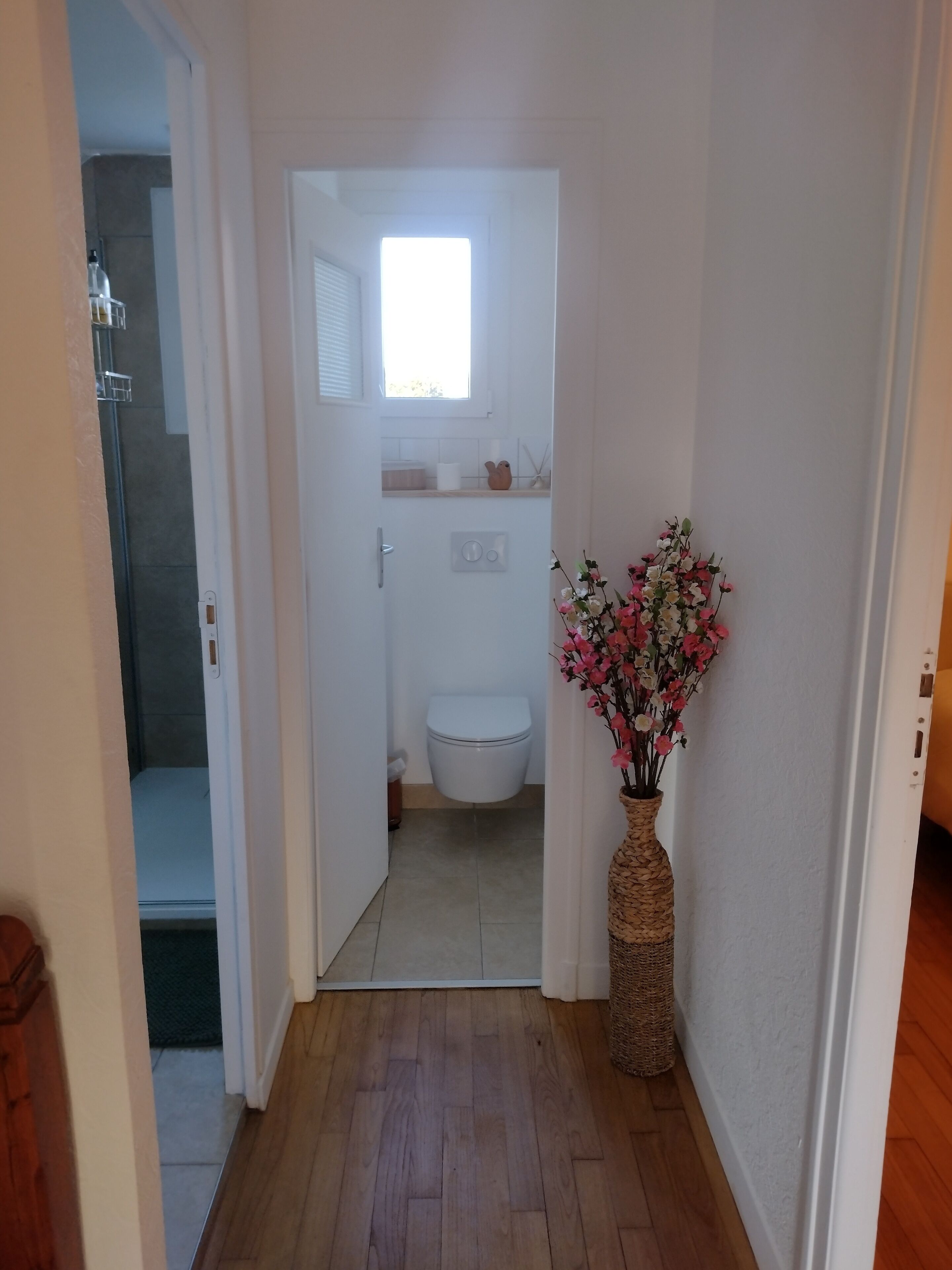 Een smalle gang die leidt naar een badkamer met een toilet, een klein raam en een rieten vaas met bloemen.