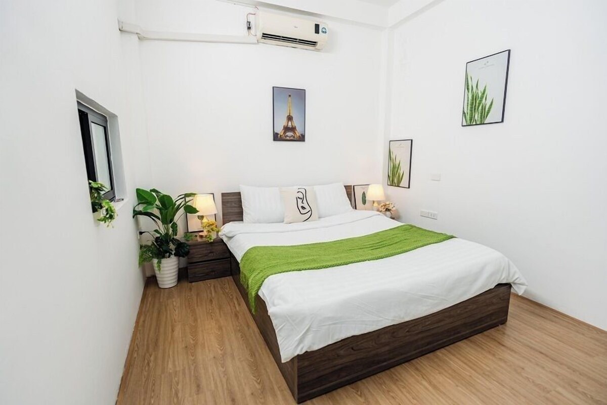 A modern bedroom with a wooden floor, a bed with white bedding and a green throw, a nightstand with a lamp, a potted plant, and a wall-mounted air conditioner.