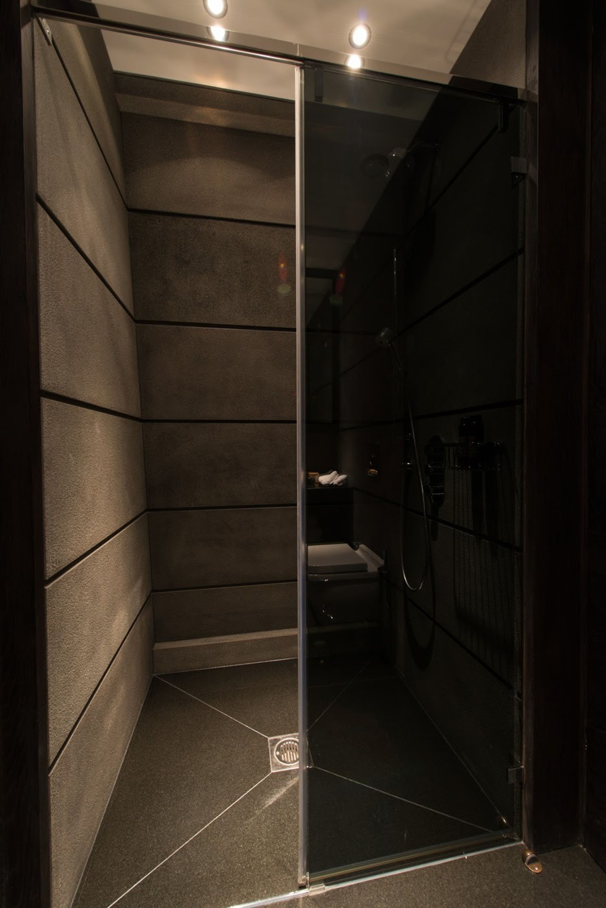 Une douche à l’italienne moderne, à l’éclairage tamisé, dotée d’une porte en verre, de murs carrelés et d’un pommeau de douche visible.
