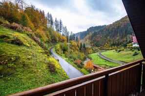 A scenic view of a winding road through a lush valley with autumn foliage, a wooden balcony railing, and a house in the distance.