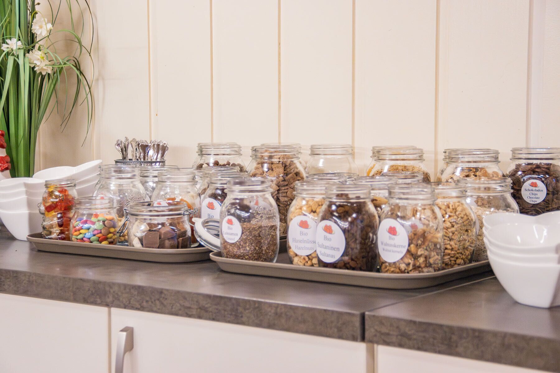 Una encimera de cocina con varios frascos de vidrio que contienen distintos alimentos, cada uno con una etiqueta diferente.