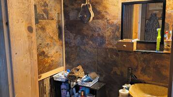 Hair dryer, towels, soap, toilet paper