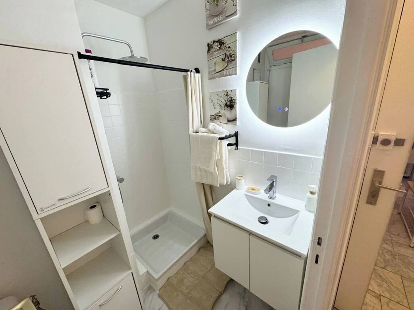 Hair dryer, towels, soap, toilet paper