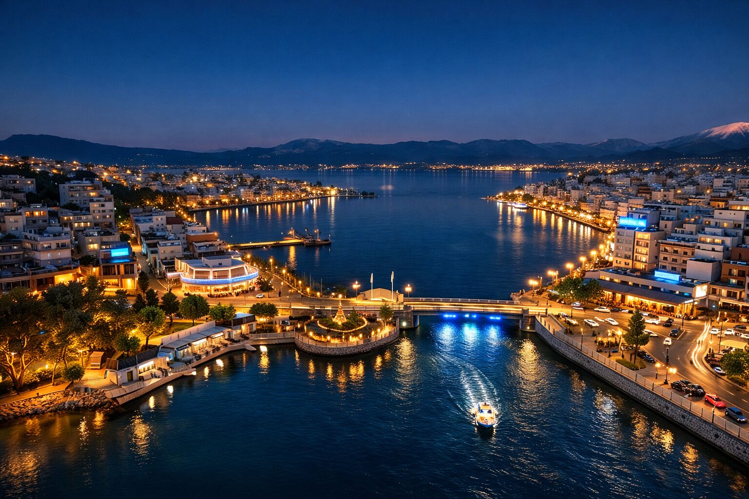 Un paisaje urbano frente al agua al anochecer, con edificios iluminados, un puente central y un barco en el agua.