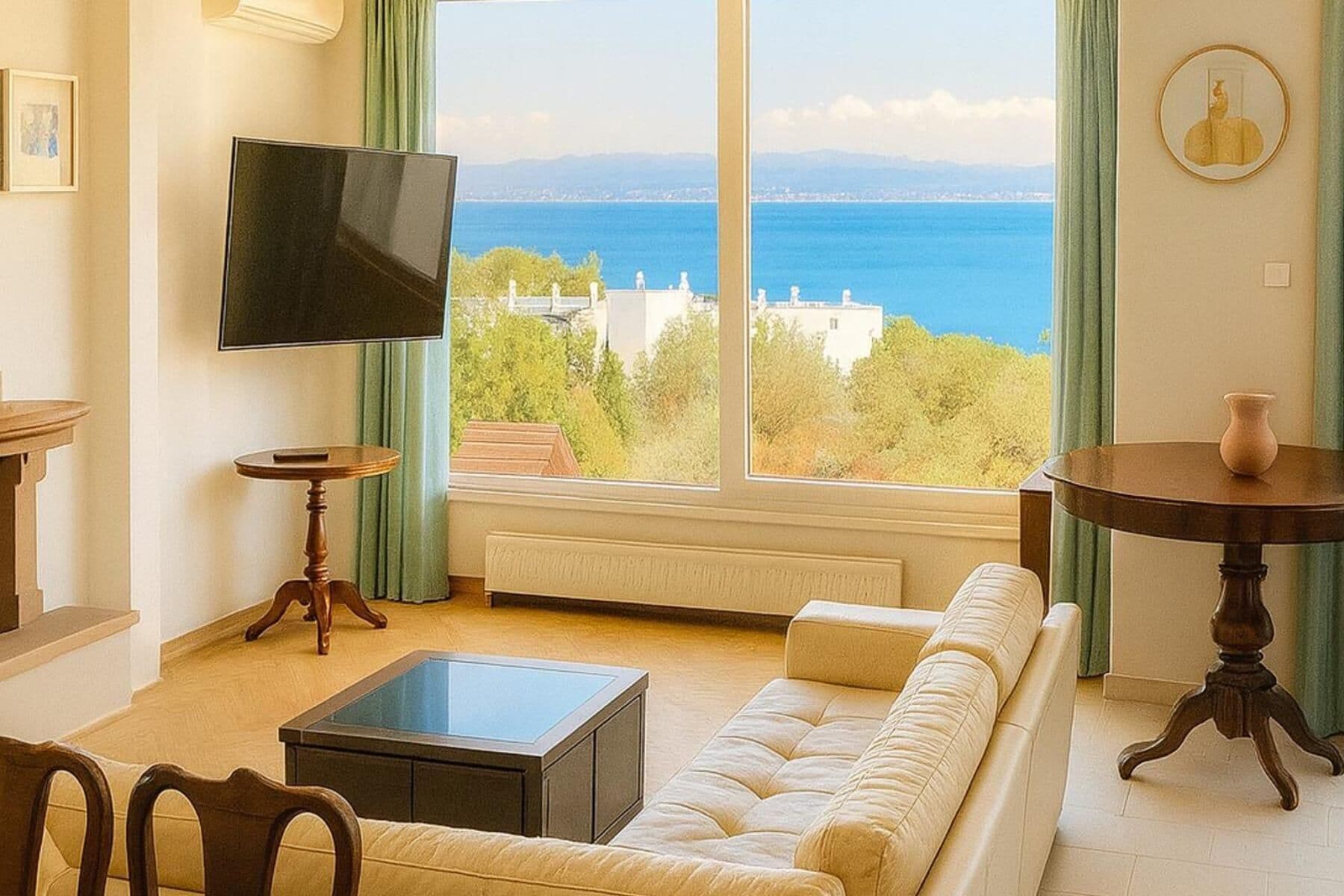 Un salon avec un canapé, une table basse, un téléviseur et une vue sur la mer.